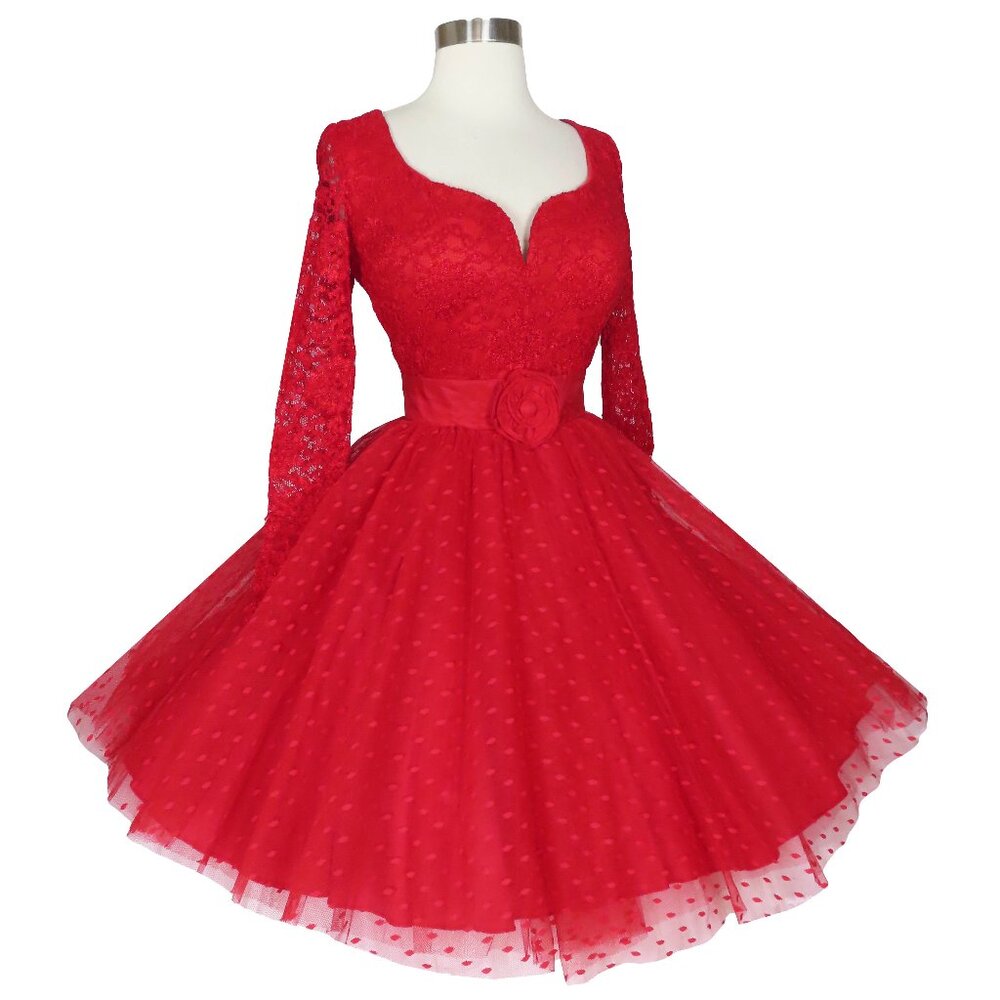 Vintage 80s 50s Red Lace Polka Dot Tulle Full Skirt Prom Cocktail Party Dress S